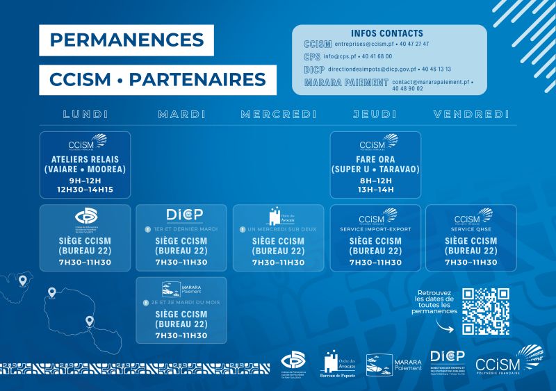 Calendrier visuel des permanences CCISM et partenaires : du lundi au vendredi à Papeete, lundi à Moorea et jeudi à Taravao